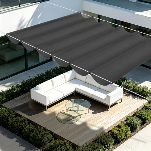 Tenda Parasole a Onda Retrattile 350 x 750 cm Senza Foratura Tenda a Vela Parasole a Onda Retrattile con Occhielli e Cordino per Terrazza, Pergola, Veranda, Giardino, Grigio Scuro