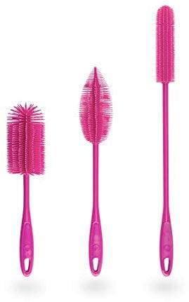 Kochblume Silikonbürsten 3er Set mit Wechselköpfen | Flaschenbürste, Spülbürste, Antibakteriell, Keimfrei (pink)