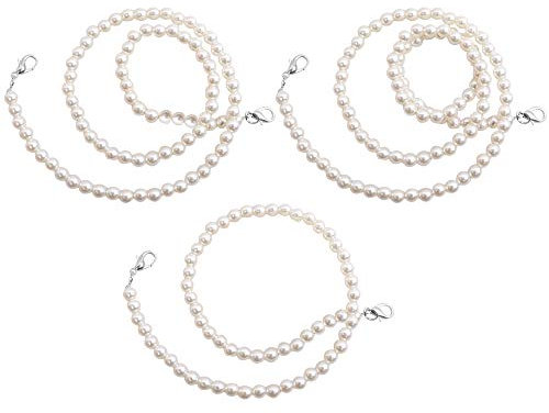 MEGAUK 3pcs Perlen Kette Trageriemen Taschenkette Schulterriemen Schultergurt Tragegurt mit Haken für Damen Handtaschen (Silber+Weiß)