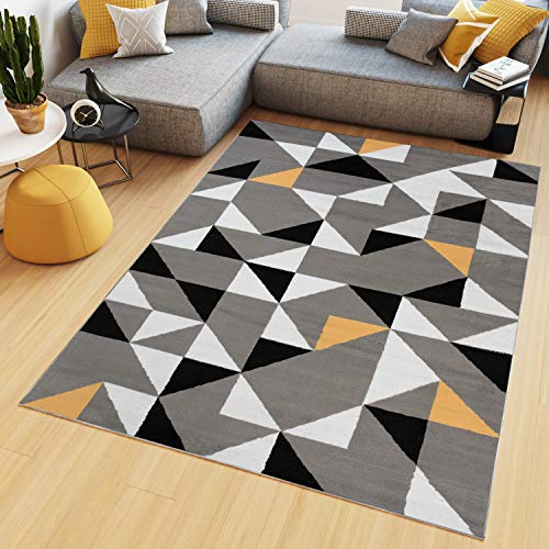 TAPISO Maya Teppich Kurzflor Wohnzimmer Schlafzimmer Grau Weiß Gelb Schwarz Modern Geometrisch Dreiecke Esszimmer Büro ÖKOTEX 130 x 190 cm