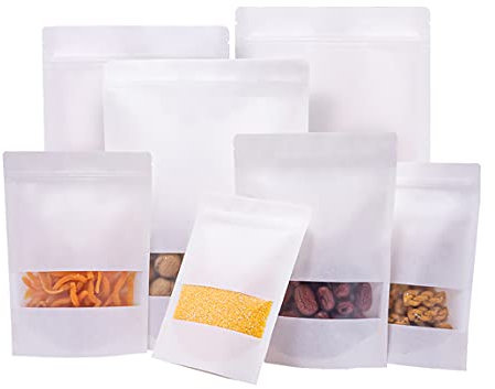 Bolsa Papel Kraft con Ventana, Bolsas Kraft, Bolsas Reutilizables Ziplock, para Frutos Secos, Dulces, Granos de Café, Cereales, Comida para Mascotas, etc. 160x260mm blanco 50piezas