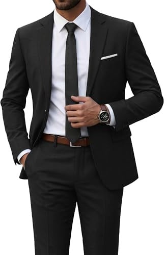 YND Men's Slim Fit 2 Piece Suit, One Button Jacket Pants Set with Tie, Solid Party Wedding Dress Blazer, Tux Trousers, Black