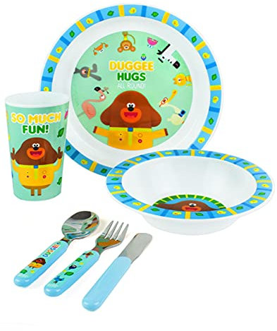 Hey Duggee Dinner Set 6 Piece for | Tableware Characters Lunch Reusable Cutlery Plate Bowl Tumbler Cup | Lightweight TV Show Blue Merchandise