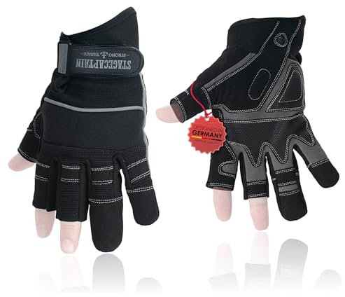 Stagecaptain RGL-2F Rigger Handschuhe - Arbeitshandschuhe für Herren - Größe L - 3 kurze Finger und Innenfläche aus Kunstleder - Aufgesetzte Verstärkungen - Schwarz/Grau