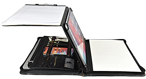 Calfinder Konferenzmappe Leder, Aktenmappe A4, Schreibmappe mit a4 Klemmbrett, Reißverschluss Ledermappe Dokumentenmappe Organizer, Tablet für Ipad pro 12.9(2018/2020/2021), Schnallenstil