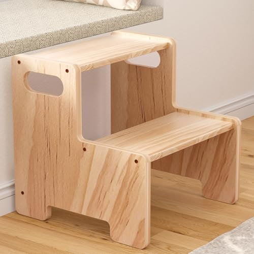 Wiifo Marchepied en bois, tabouret à deux marches pour enfants, supporte 90,7 kg, tabouret de toilette/cuisine/lit, naturel