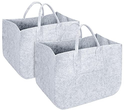 Vinsani 2 Pack Felt Storage Baskets Multifunctional Foldable Large Open Bags with Strong Handles Laundry Hamper Shopping Tote Storage Bag for Firewood Toys Books Clothes Newspapers – Light Grey
