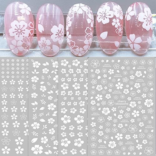 Nagelsticker Frühling Weiß Blumen, 8 Blatt Selbstklebend Nagelaufkleber Gold Blumen Design Maniküre Tipps Nagel Dekoration für Frauen Mädchen Kinder