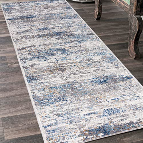 Mazovia Teppich Läufer Flur - Modern Teppichläufer – Kurzflor, Weich - für Vorzimmer Eingangsbereich Schlafzimmer Küche Korridor - Abstrakt Muster - 80 cm Breite Grau Blau 3 80 x 575 cm