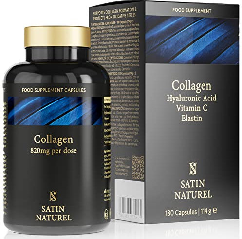Satin Naturel Kollagen Komplex mit Hyaluron - 180 Kapseln - Hyaluronsäure Collagen Kapseln Hochdosiert - Angereichert mit Vitamin C, Elastin und Spirulina - Ohne Zusatzstoffe - Made in Germany
