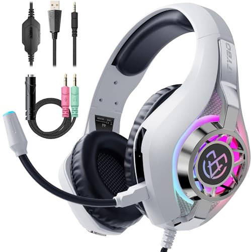 Tatybo Cuffie Gaming, Cuffia con Microfono Suono Surround, Comode Cuffie Grandi, Cuffie per PS4 PS5 PC Xbox One Mac Switch Laptop (Bianco)