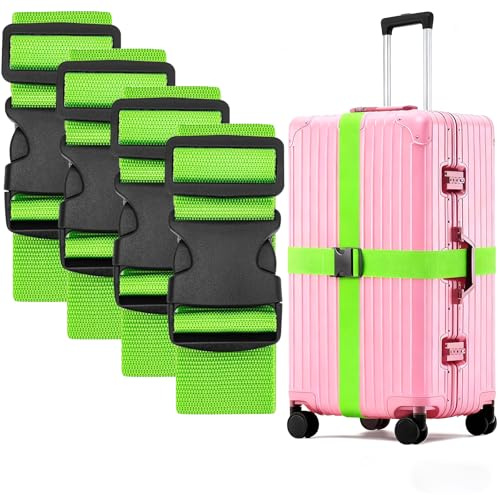 Green Luggage Straps 4 Pack, Adjustable Suitcase Straps with 2 Tags | Durable Travel Accessories Keep Luggage Secure, Ideal for Suitcases, Bags, Holidays, Flights and Business Trips