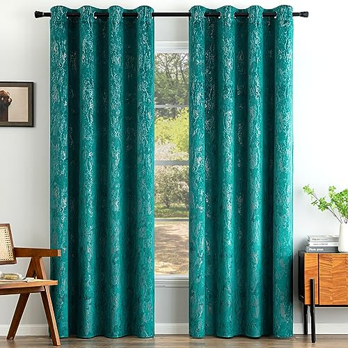 EMEMA Samtvorhänge Vorhang Blickdicht Vorhänge mit Ösen Gardinen Deko Ösenvorhang Dekoschal Dekogardinen für Schlafzimmer Wohnzimmer 2er Set 140 x 215 cm(B x H) Blu Verde
