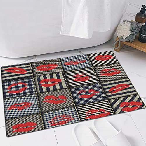 Mustermatte Teppich für Treppe,WC,Boden,Schlafzimmer,Wohnzimmer,Badezimmer,Küche,Heimtextilienbereich, Bunte Frauen-Kuss-Lippenstift-Formen auf gestreiftem Hahnentritt-groovigem Hin,16x24Inch(40x60cm)