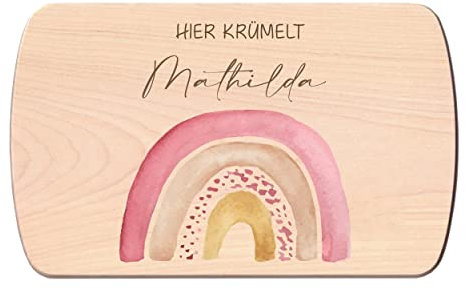 Individuelles Holzbrett mit Gravur für Kinder - Personalisiertes Frühstücksbrettchen - Motiv Regenbogen Rosa mit Namen