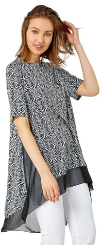 Roman Chiffon Dipped Hem Top Asymmetric Tunic for Women UK Ladies Stretchy Jersey Flared Blouse Smart Fit & Flare Form Casual Loose Longline Party Hanky Tunics - Monochrome - Size 10