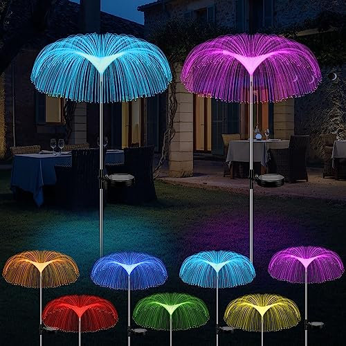 Solarlampen für Außen Garten, 2 Stück Quallen Solarleuchten Garten mit 7 Farben, Solar Gartenleuchte Fiber Lichter Wasserdicht IP65, Dekoration für Garten, Rasen, Balkon, Terrasse, Hof