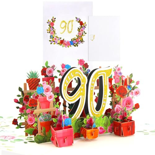 90. Geburtstagskarte 90 Karte Geburtstag 3D Pop Up Karte Geburtstag Grußkarte Geburtstagskarten mit Umschlag für Frauen Mütter Ehefrau Männer Freunde Romantik Geschenk-Karte Jubiläumskarte