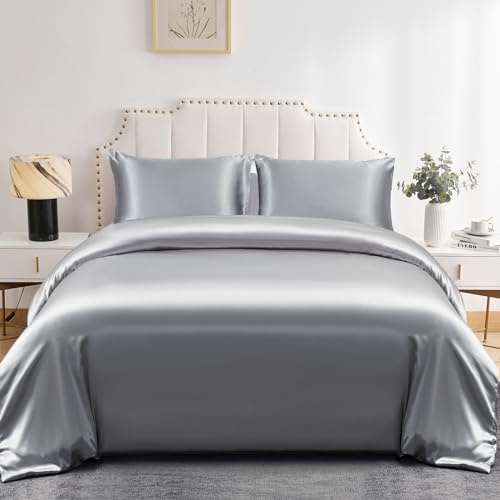 DuShow Satin Duvet Cover Set Light Gray Double,Soft Silky Duvet Cover And 2 Pillowcase Set,Lightweight Cooling Comforter Cover Set(Light Gray,Double)