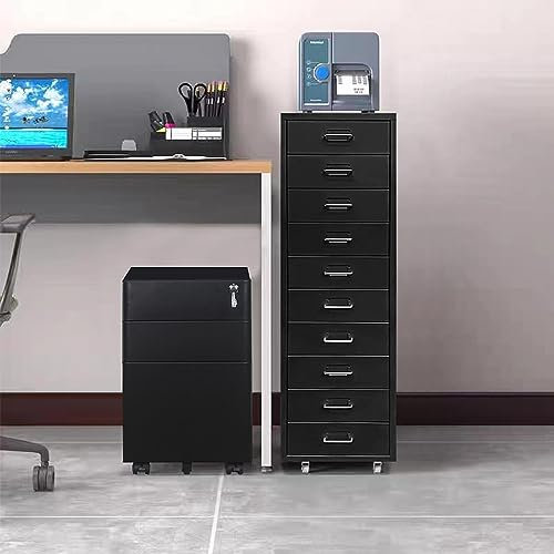 Panana Filing Cabinet on Wheels, 10 Drawers Metal Documents Cabinet With 4 casters Office Storage Unit (Black-10 Drawer)
