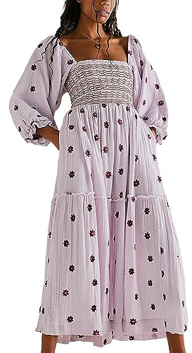 Acrawnni Women's Flower Embroidered Maxi Dress Long Puff Sleeve Square Neck Smocked Tiered Bohemian Flowy Dress Beach Long Dress (A-Purple, L)