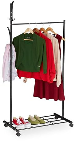 Relaxdays Garderobe mit Rollen, HxBxT: 165 x 80 x 44 cm, Metall, Ablage, mobiler Kleiderständer, Rollgarderobe, schwarz