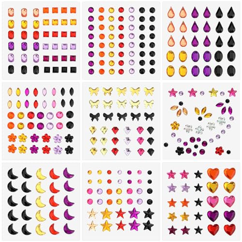 Amabro 9 Bögen Halloween Gesichtstattoo Gesichts Edelstein Aufkleber, über 270 Stück selbstklebende Strass Aufkleber zum Selbermachen Diamant Bastelarbeiten Juwelen Aufkleber Festival Dekorationen