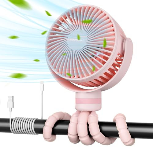 Momcozy Ventilateur portable pour poussette, 8000 mAh, batterie 27H ultra longue, 4 vitesses détachables, rotation à 360°, veilleuse LED avec 2 modes, ventilateur de refroidissement portable