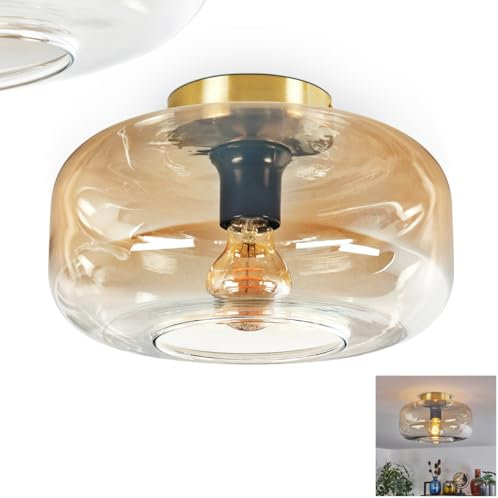 Deckenleuchte Boza, Deckenlampe aus Metall/Glas in Messingfarben/Bernsteinfarben/Klar, Leuchte im modernen Retro/Vintage-Design mit Schirm aus Glas (Ø 28 cm), 1 x E27, ohne Leuchtmittel