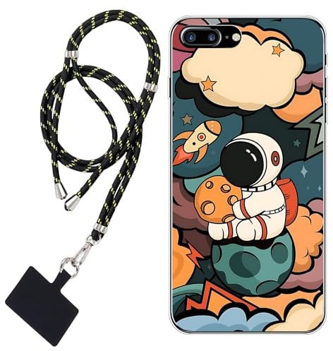 WUACYEAMING Case Compatible with iPhone 7 Plus/8 Plus,Clear with Design Soft TPU Shock Absorption Slim Embossed Pattern anime aviator Rocket+Cell Phone Lanyard ×1