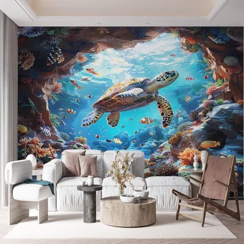 Versatile Photo Wallpaper Ocean Theme Turtle School of Fish Wall Mural Art, 200 x 140 cm (WxH) Stunning Wall Art for Living Room, Bedroom, Children's Room & Corridor Colorful