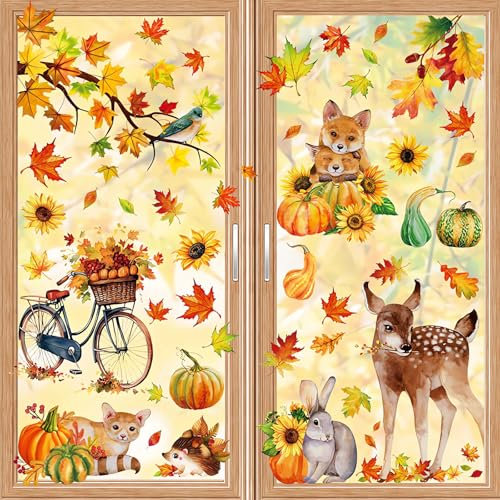 9 Blatt Herbst Fensterbilder Selbstklebend, Alluring Thanksgiving-Herbst-Deko, Herbstdeko Fenster Aufkleber, Blätter Fenster Doppelseitig für Kinderzimmer Cafe Buchhandlung Party 20x 30cm
