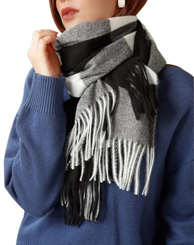 Enwokran Damen Winter Senior Plaid Kaschmir Schal Kariert Pashmina Übergroßer Herbstschal Stolen Tartan Schultertuch Mit Quasten Klassisches Karomuster Warmer Oversized Fransen Poncho (Schwarz Weiß)