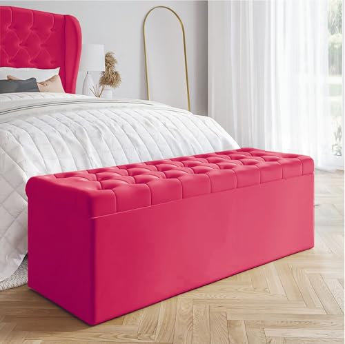 AZ Interiors Royal Furniture 90cm Wide Chesterfield Ottoman Storage Bench, Plush Velvet Bench with Storage, End of Bed Bench, Velvet Upholstered Coffee Table, Entryway Bench (Claret Velvet)