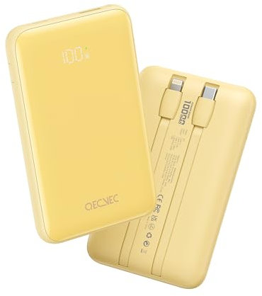 QECVEC Portable Charger 10000mAh, Cell Phone Portable Power Banks with 22.5W PD Fast Charging, Compact Phone Charger Built in Cable, Compatible with Apple, Samsung, Google, Motorola and More (Yellow)