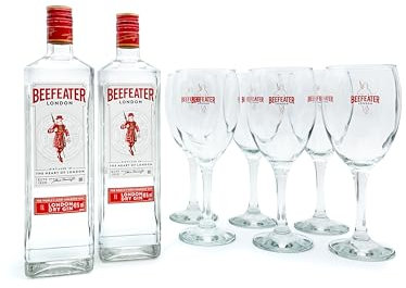Beefeater London Dry Gin, Pack de 2 Botellas y 6 Copas de Regalo, 1 L