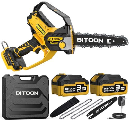 BITOON 8 Inch Mini Chainsaw with 2PCS 3.0Ah Battery and Charger, Auto-Oiler, Brushless Cordless 8-Inch and 6-Inch 2-in-1 Pruning Chain Saw, Portable Electric Chainsaw for Cutting Wood, Branches Yellow