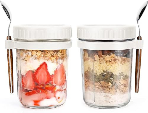 Gilen Overnight Oats Jars with Lids and Spoon, Overnight Oats Container, 10 Oz Glass Porridge Container to Go for Chia, Pudding, Milk, Cereal, Fruit, Yogurt, Salad, Cereal Meal Prep Jars (White+white)
