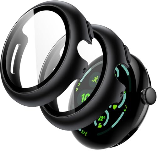 JETech Cover con Pellicola Protettiva per Google Pixel Watch 3 (2024) 45mm, Integrato 9H Vetro Temperato Film PC Rigido Paraurti Piena Copertura Protettiva Custodia, 2 Pezzi (Nero)