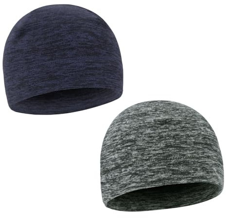 KEYRI 2 Stück Wintermütze für Herren und Damen, Leichte Slouch Beanie Mütze Fleece Thermo Klassische Sportmütze Fahrrad Weiche Dünne Mütze für Snowboarden Laufen Skifahren Outdoor (Grau, Marineblau)