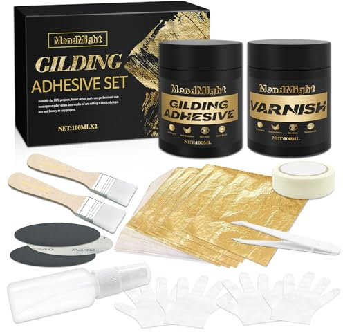 Foglia Gold, set di colle con colla da 100 ml e vernice protettiva a base d'acqua da 100 ml, foglia d'oro, 100 pezzi, 2 pennelli, per bricolage, pittura e uso professionale