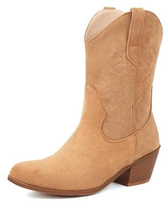 DSKHDZW Donne Western Cowboy Stivali Tacco Basso Chunky Mid Calf Ricamato Cowgirl Stivali Wide Calf,Beige,38 EU
