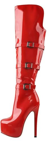 Meinabsatz Damen Plateau Stiefel Langschaft Boots Overknee Stilettos High Heels Überkniestiefel mit Schnallen Lack Rot 38 EU