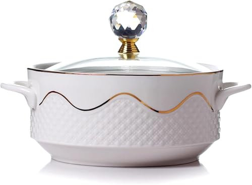 Soupière de service en porcelaine blanche avec couvercle en verre – Soupière de grande capacité avec double poignées – Plat de service en céramique pour repas de famille