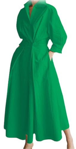 Women's Pure Cotton Shirt Collar Dress,Womens Cotton Button Down Maxi Tshirt Dress,Casual Loose Tie Waist Sleeve Length Midi Dresses,Shirt Dresses with Pockets (Green,XXL)