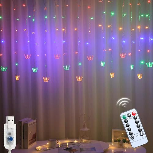 Lichtervorhang Innen 3x3.5m Lichterketten Vorhang mit Timer, 8 Modi Schmetterlings Vorhang Lichterkette Hängend USB Lichtervorhang Für Frühling Hochzeit Party Ramadan Wand Schlafzimmer Deko (Bunt)