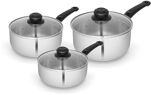 Swan SWPS5025SS Townhouse 3 Piece Stainless Steel Saucepan Set with 16/18/20cm saucepans with Glass Lids, Suitable for All Hob Types (including induction), Stainless Steel