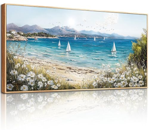 hyidecorart Wandbilder Wohnzimmer Groß, 73x146 cm Meer Segelboot Leinwandbilder mit Rahmen, Moderne Wanddeko Aesthetic Schlafzimmer Büro Flur Esszimmer