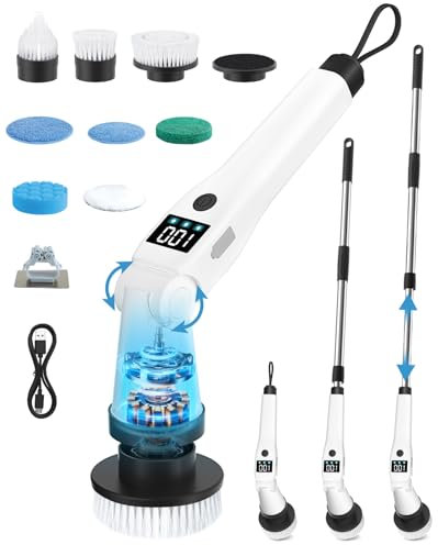 Lepwings Elektrische Reinigungsbürste mit 8 Bürstenaufsätzen, 3 Geschwindigkeiten, IP65 Wasserdicht, Verstellbarer Griff, Akku Putzbürste für Bad, Küche, Fliesen, Dusche & Ecken