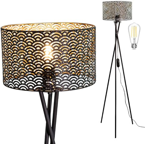 Modern Tripod Floor Lamp with Interchangeable Shades, Dimmable Standing Light, Black Metal Base, Living Room and Bedroom Lighting